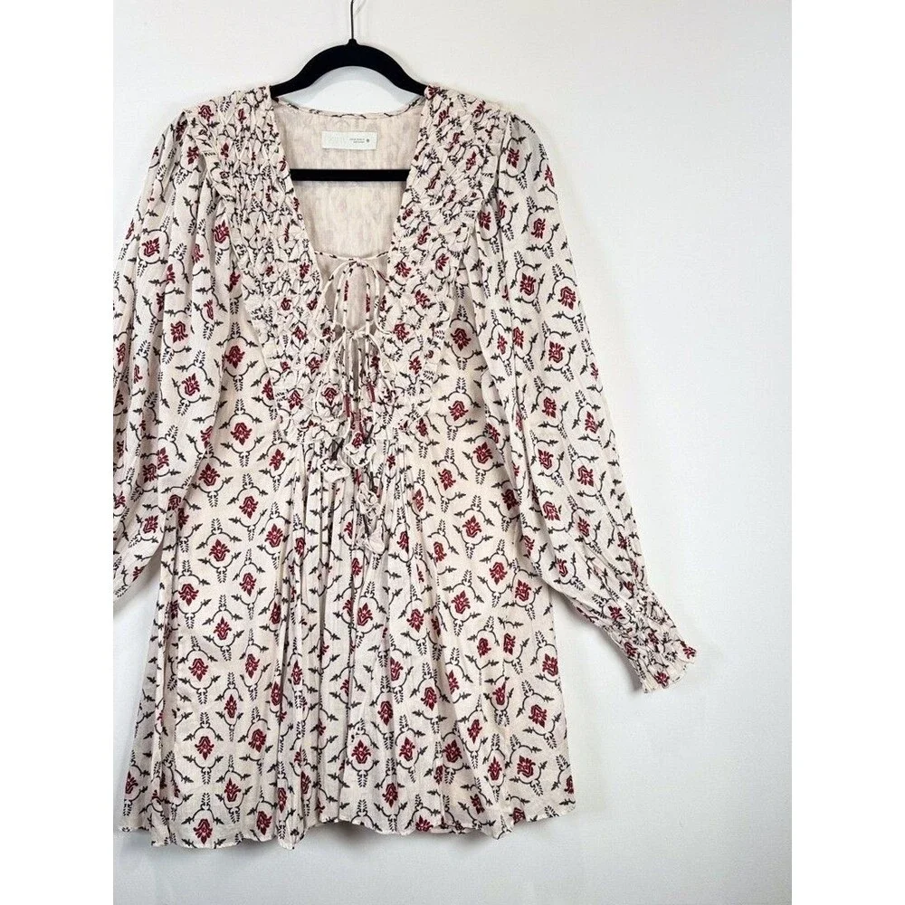 ZARA Mini Dress Beige Floral Puff Sleeve V Neck Lace Up Ruffle A Line Boho XS